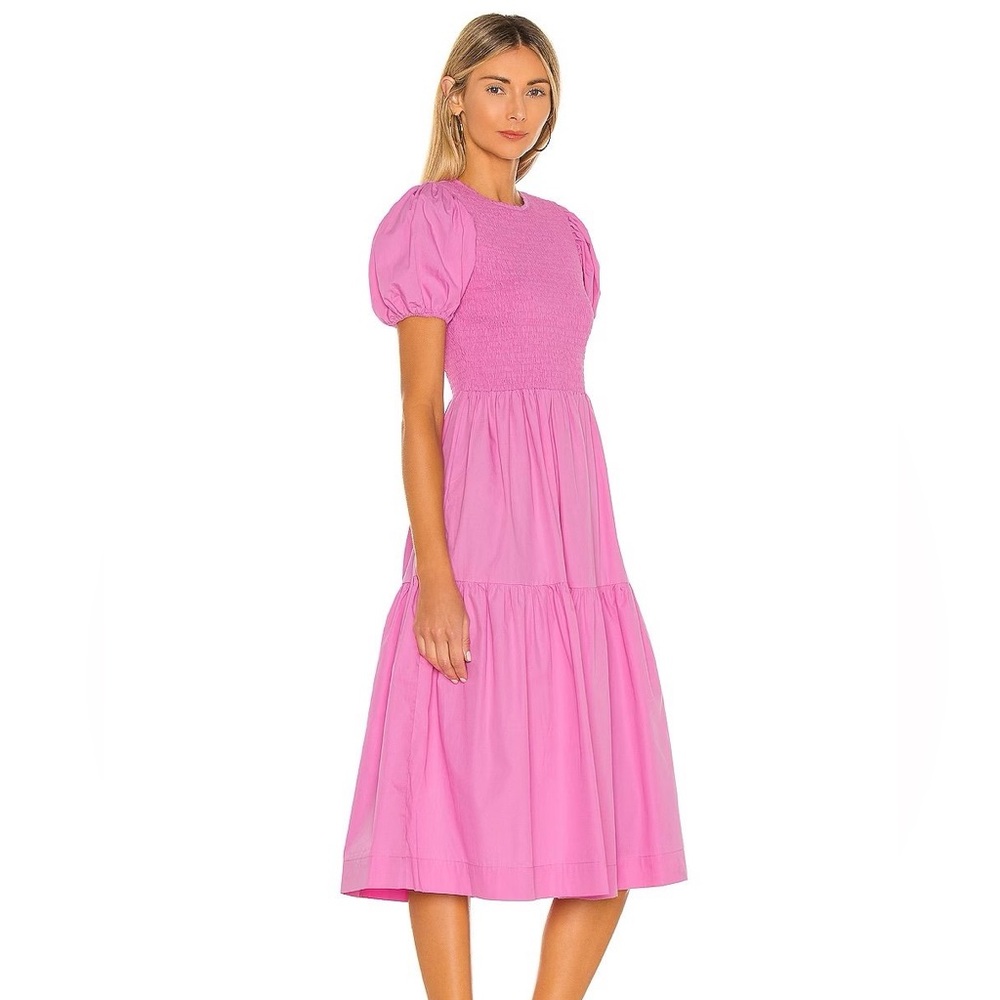 Puff Sleeve Smocked Pink Midi Dress